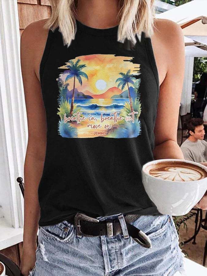 Retro Breathe In, Breathe Out, Move On Print Tops Tank