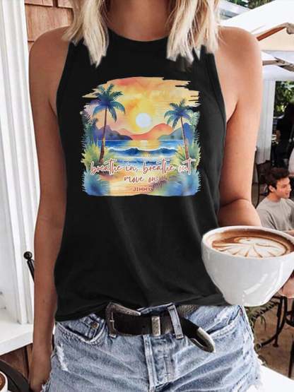 Retro Breathe In, Breathe Out, Move On Print Tops Tank