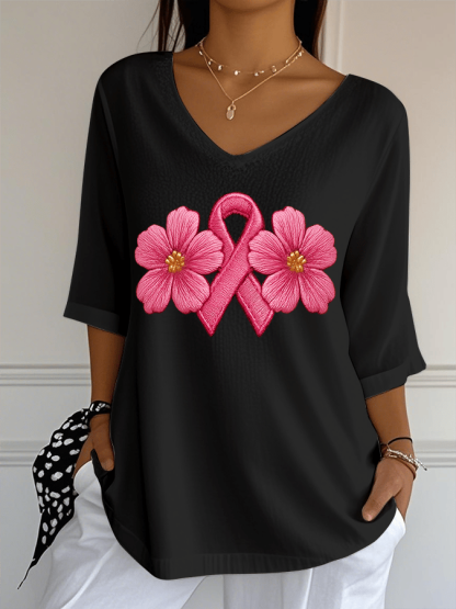 Women's Breast Cancer Awareness Print Jacquard Casual V Neck Top