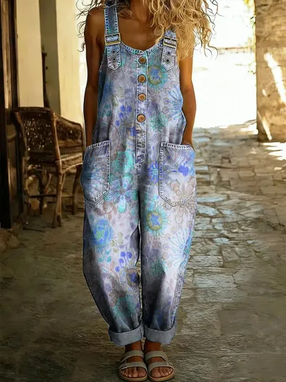 Women's Vintage Floral Art Print Sleeveless Washed Cotton Denim Jumpsuit
