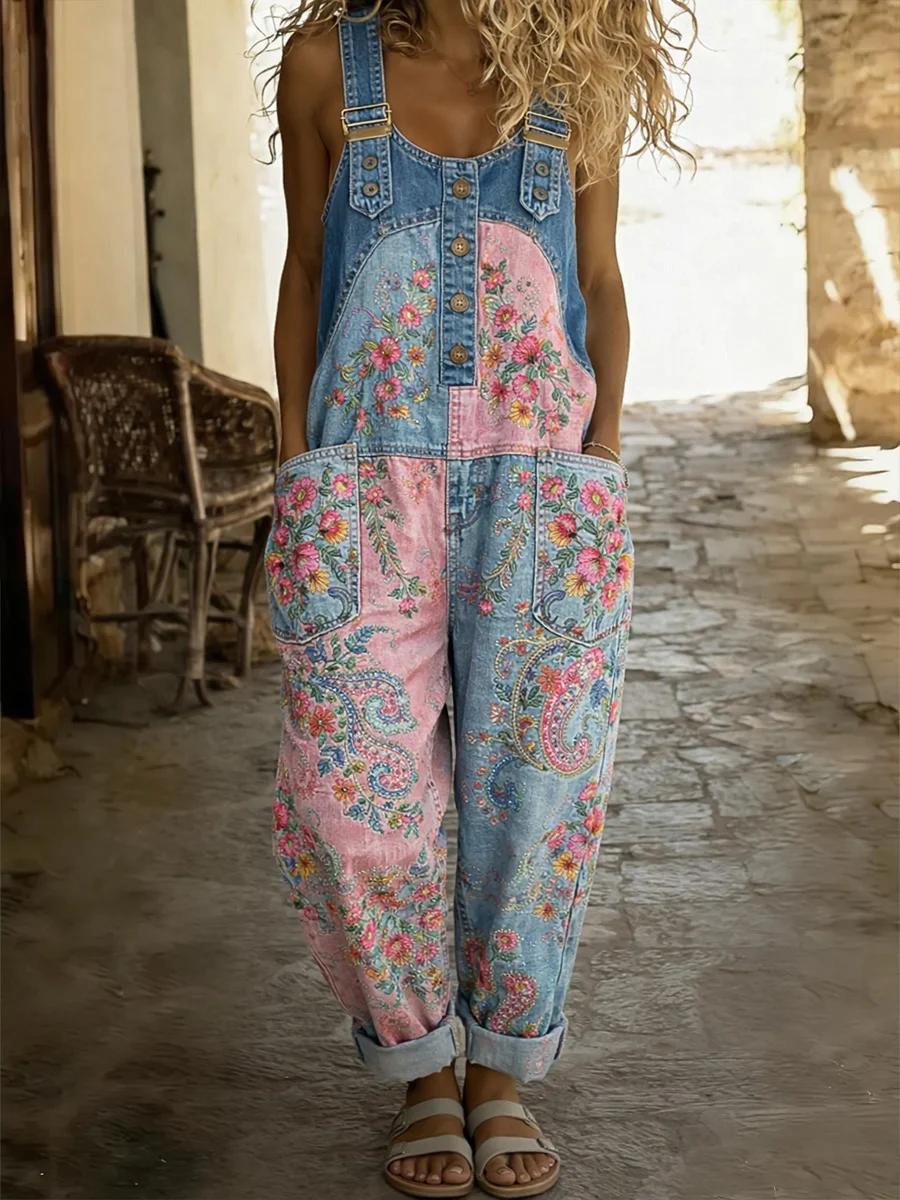 Women's Floral Paisley Art Print Denim Overalls