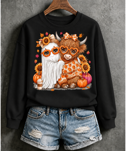 Cute Fall Highland Cow Ghost Printed Sweatshirt