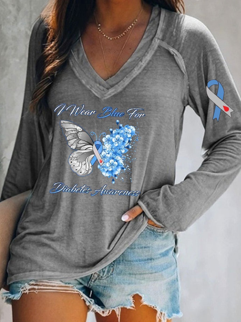 Women's Funny I Wear Blue For Diabetes Awareness Printed Top