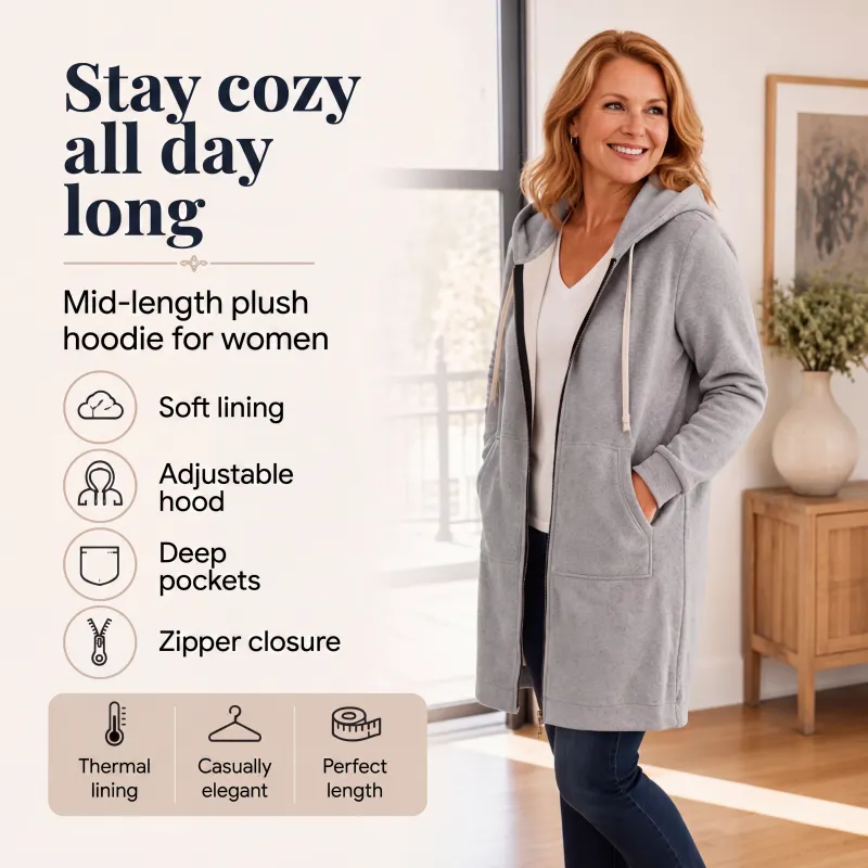 Women's zip-up fleece hoodie with a hood and front zipper