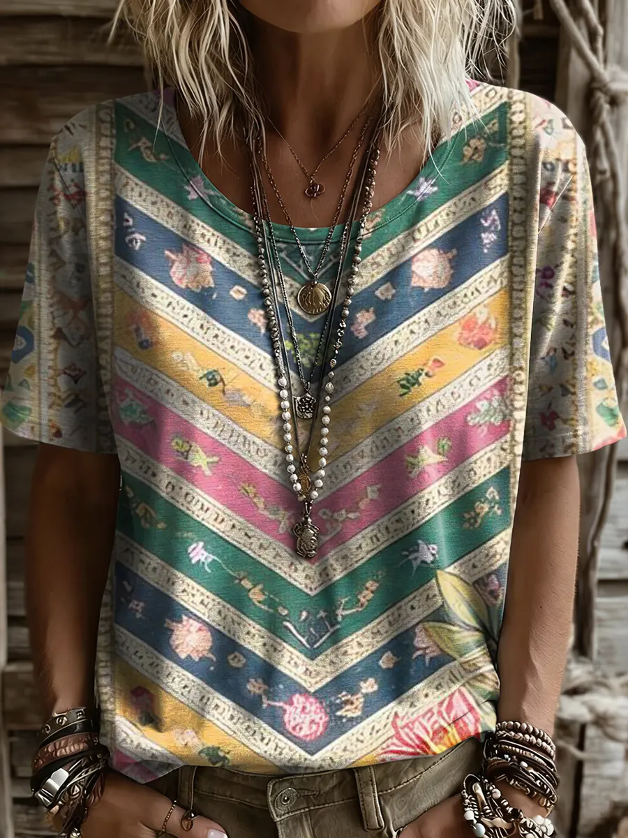 Women's Colorful Bohemian Ethnic Floral Art Print Casual Short-Sleeve Crew Neck Pure Cotton T-Shirt
