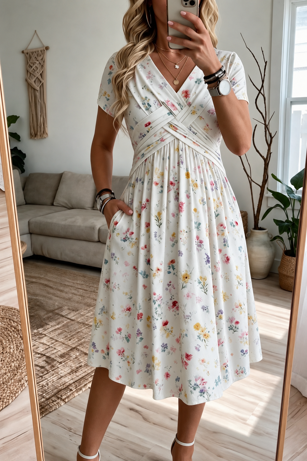 Women's V-Neck Floral Print Dress with Twist Waist