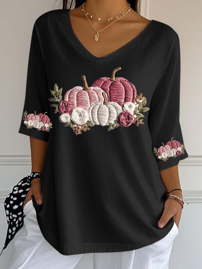Women's Casual Autumn Pumpkin Bubble Wrinkle Top