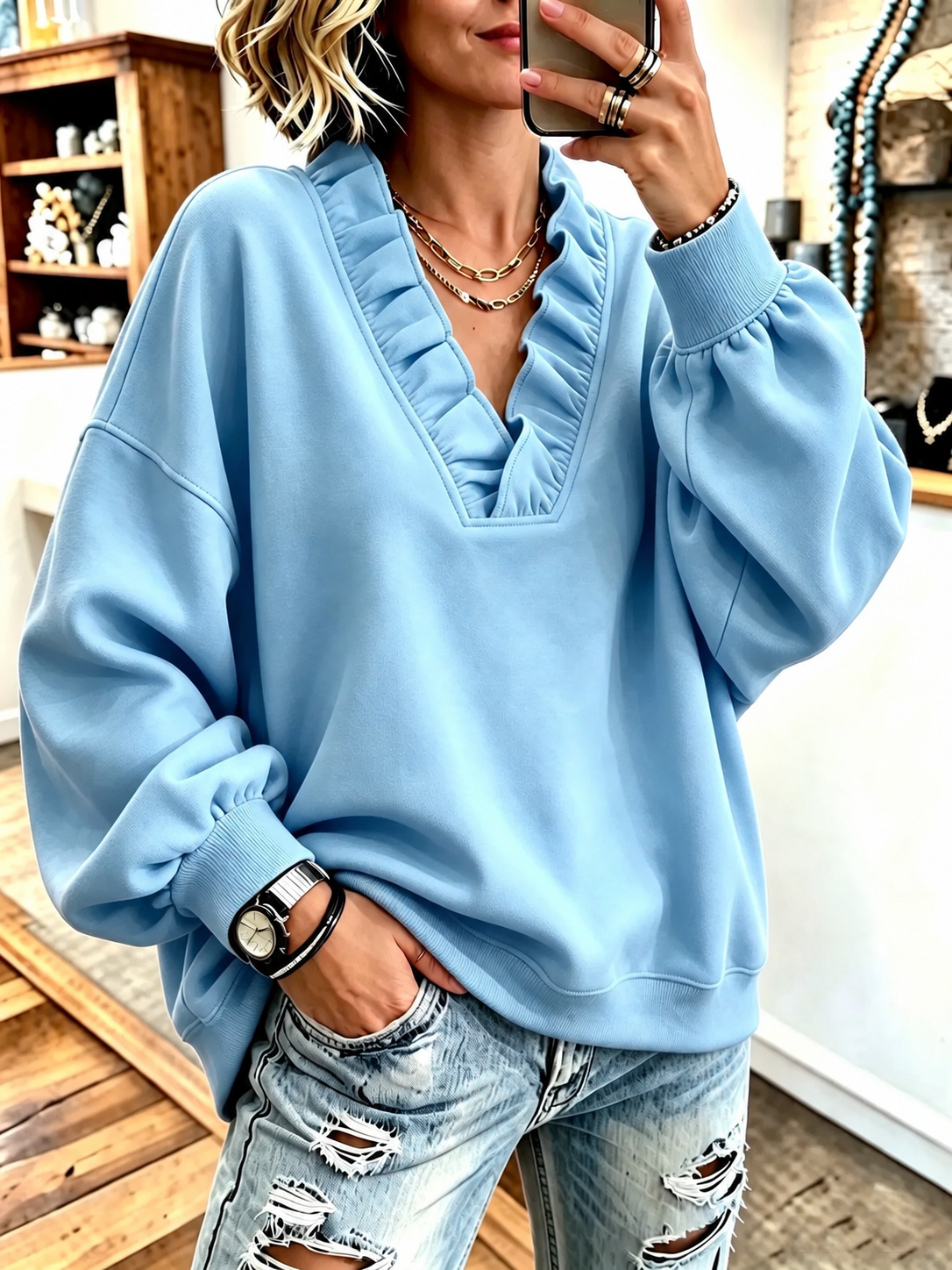 Women'S Cozy Oversized Vibrant Pink Ruffled Sweatshirt