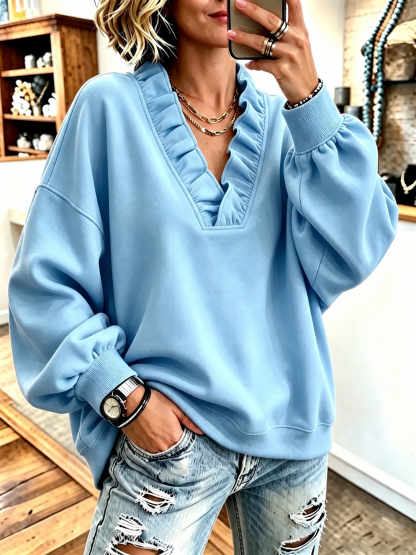 Women'S Cozy Oversized Vibrant Pink Ruffled Sweatshirt