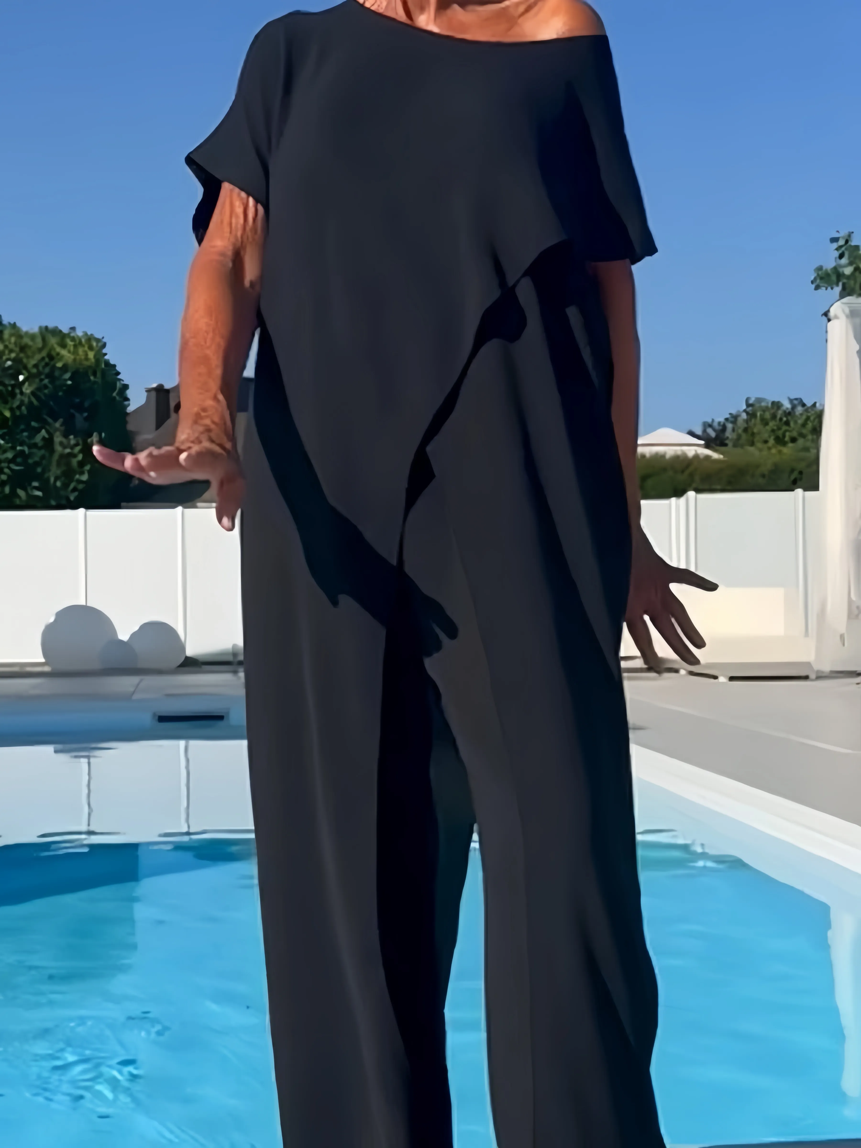Solid Color Off-Shoulder Top & Pants Set