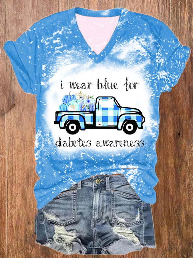 Women's Diabetes Concern In November We Wear Blue Bleach Print V-Neck T-Shirt