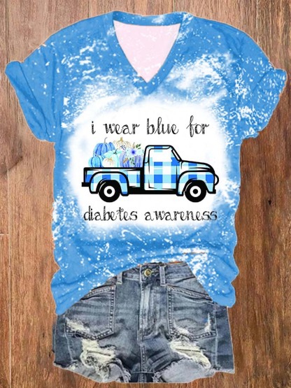Women's Diabetes Concern In November We Wear Blue Bleach Print V-Neck T-Shirt