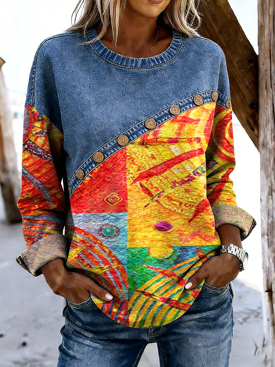 Women's Colorful Sun Pattern Art Print Casual Long-sleeved Round Neck Denim Patchwork Top