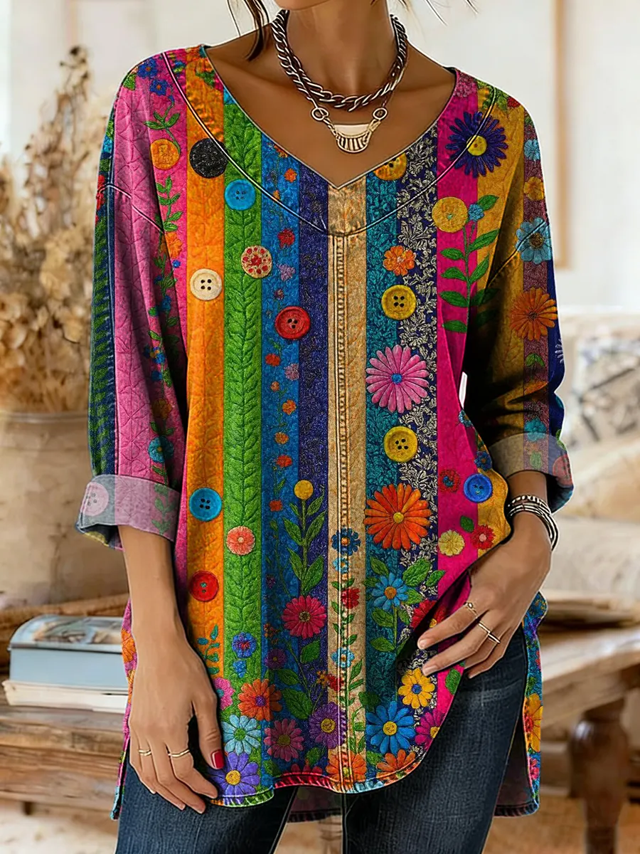 Women's Denim-colored Patchwork Pattern Art Print Casual Washed Denim Cotton Shirt