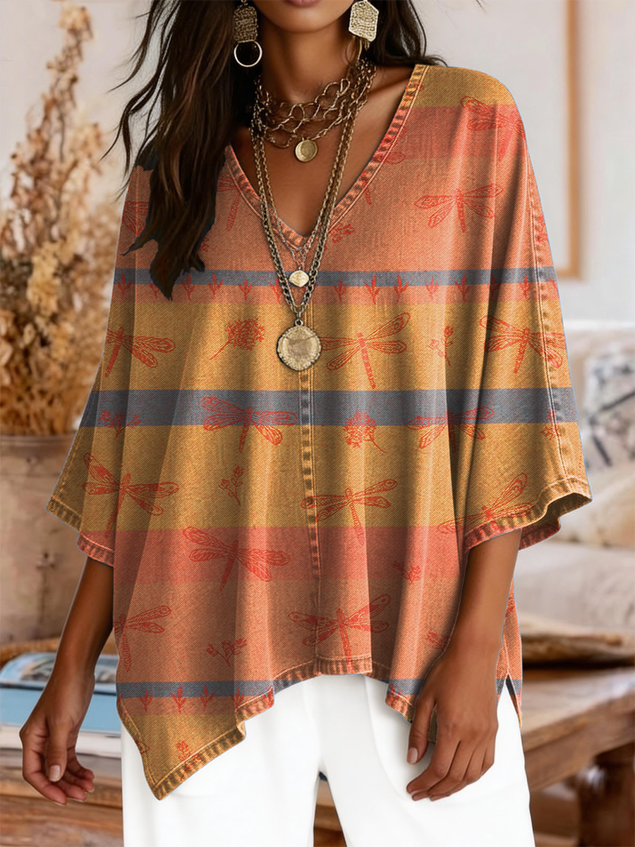 Women's Retro Dragonfly Striped Art Print Casual V-neck Top