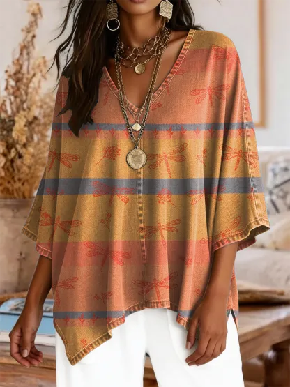 Women's Retro Dragonfly Striped Art Print Casual V-neck Top