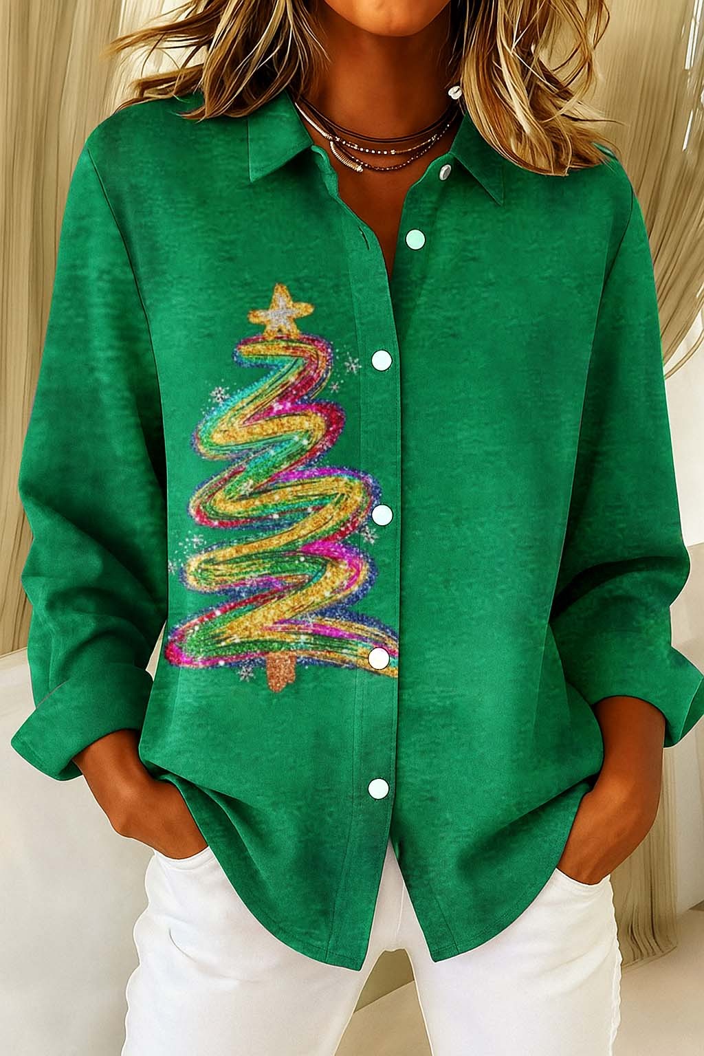 Women's Christmas Shiny Art Pattern Print Casual Cotton Linen Shirt