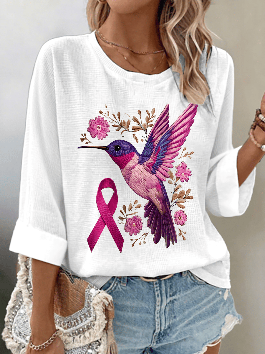 Women's Breast Cancer Awareness Hummingbird Print 3/4 Sleeve T-Shirt