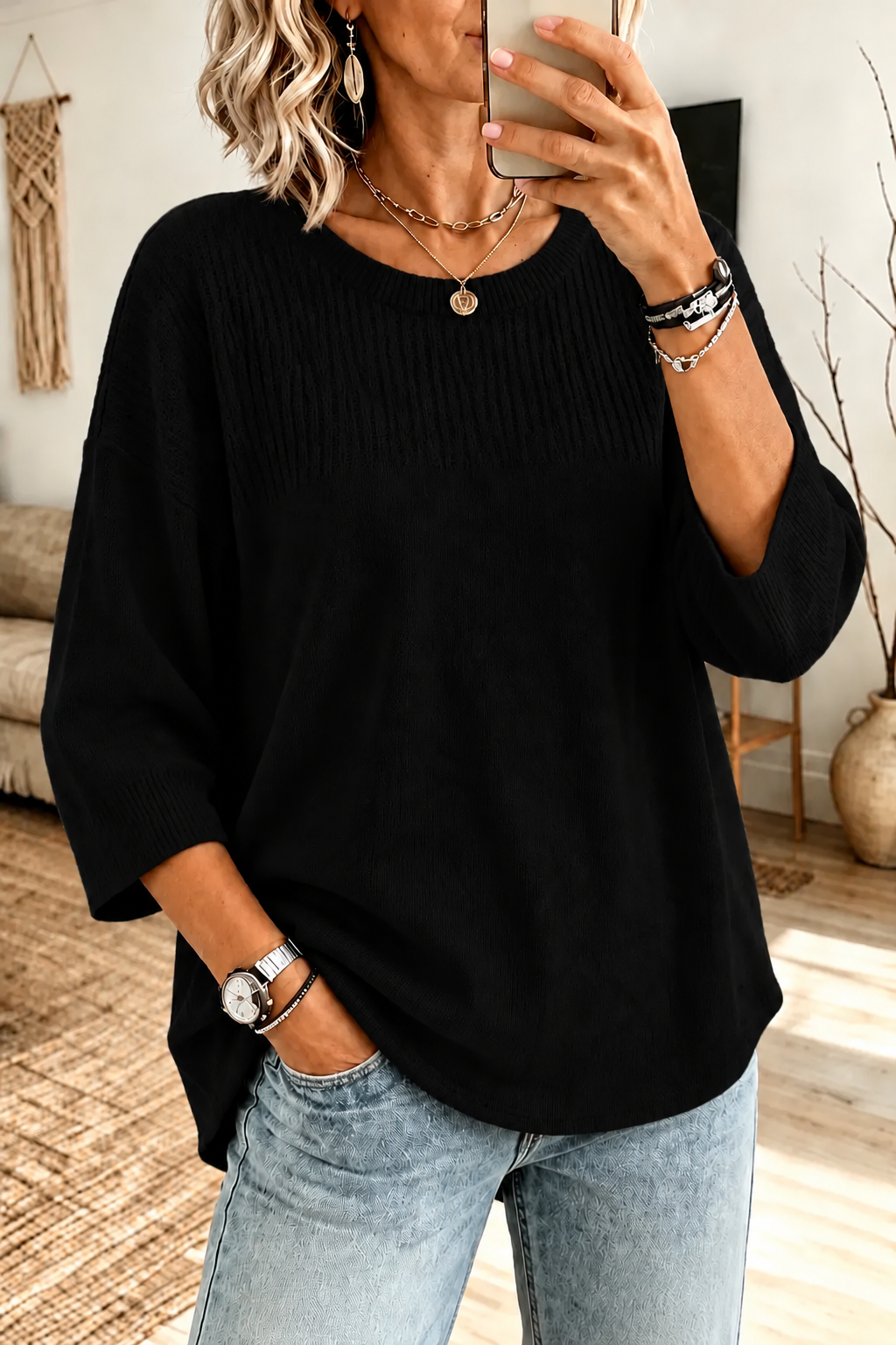 Women's Elegant Crew Neck Eyelet Ribbed Knitwear
