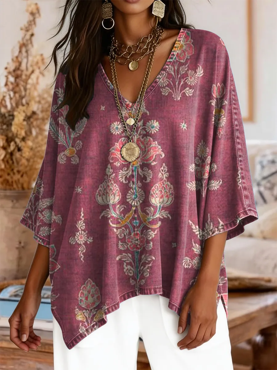Women's Retro Ethnic Floral Art Print Casual V-neck Top