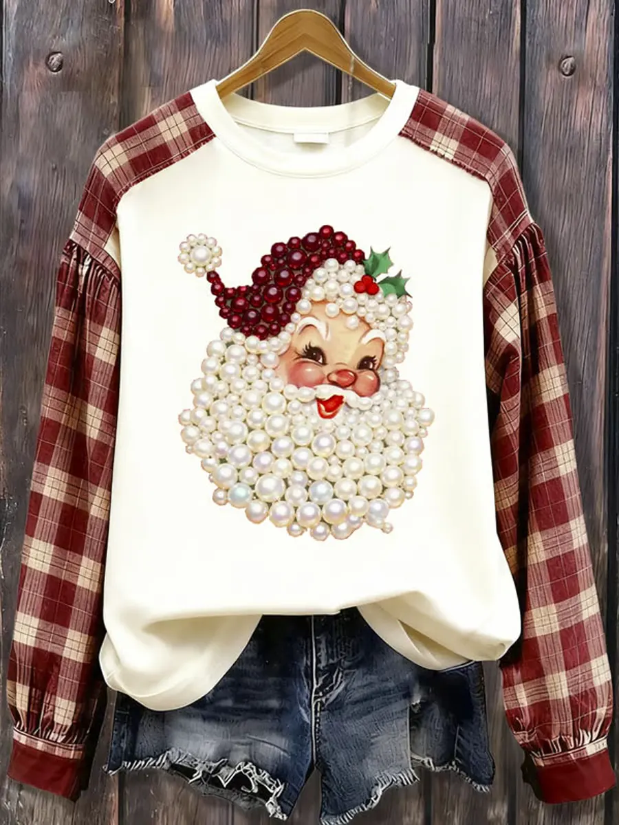 Women's Christmas Santa Pattern Art Print Casual Cotton Sweatshirt