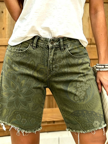 Women's Colorful Ethnic Flowers Print Denim Bermuda Shorts