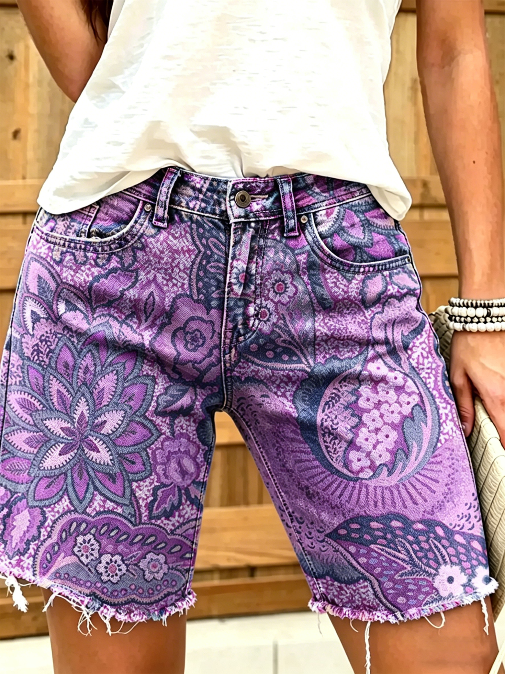 Women's Colorful Ethnic Flowers Print Denim Bermuda Shorts