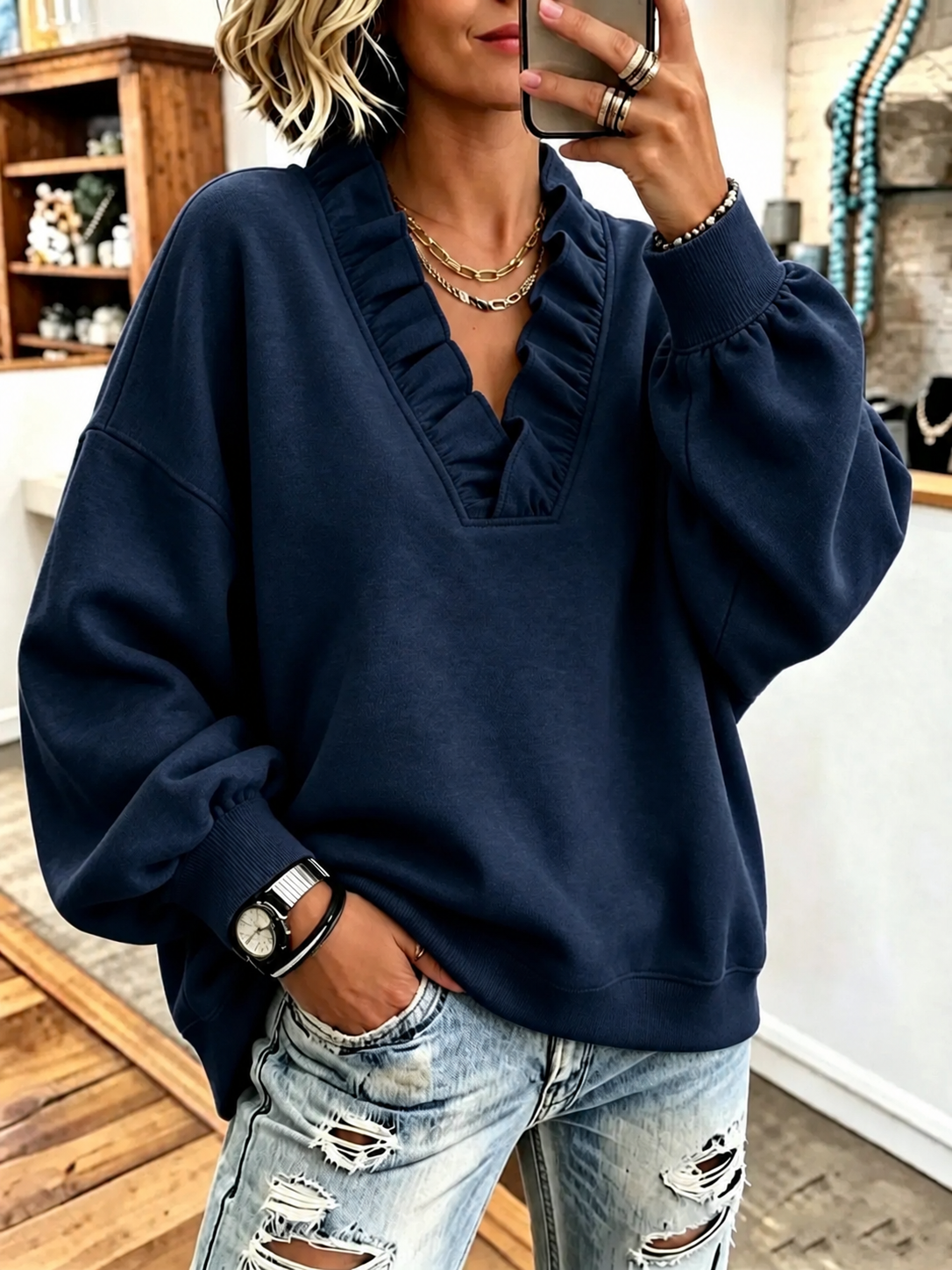 Women'S Cozy Oversized Vibrant Pink Ruffled Sweatshirt