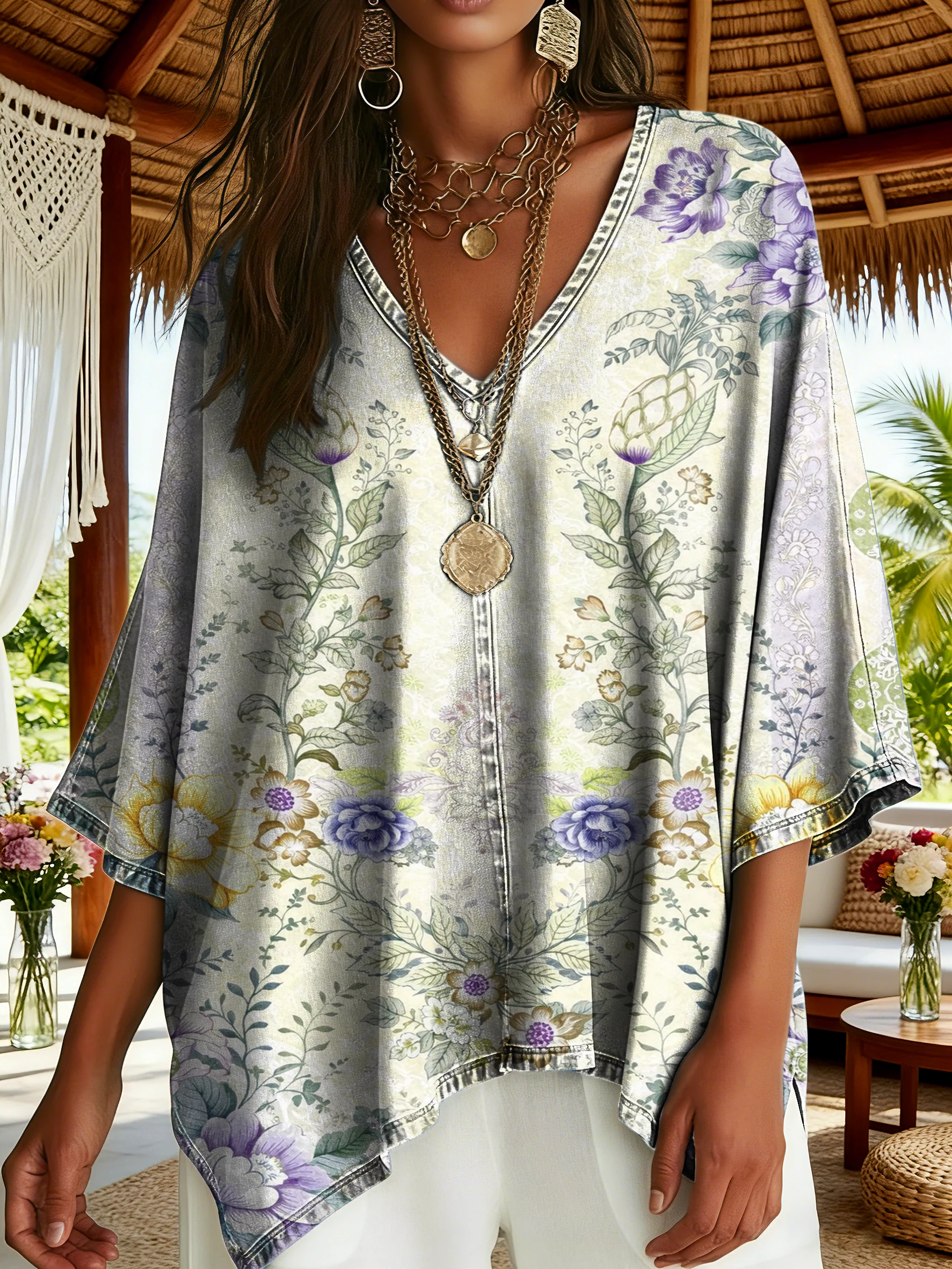 Women's Ethnic Floral Pattern Art Print Casual V-neck Batwing Sleeve Top