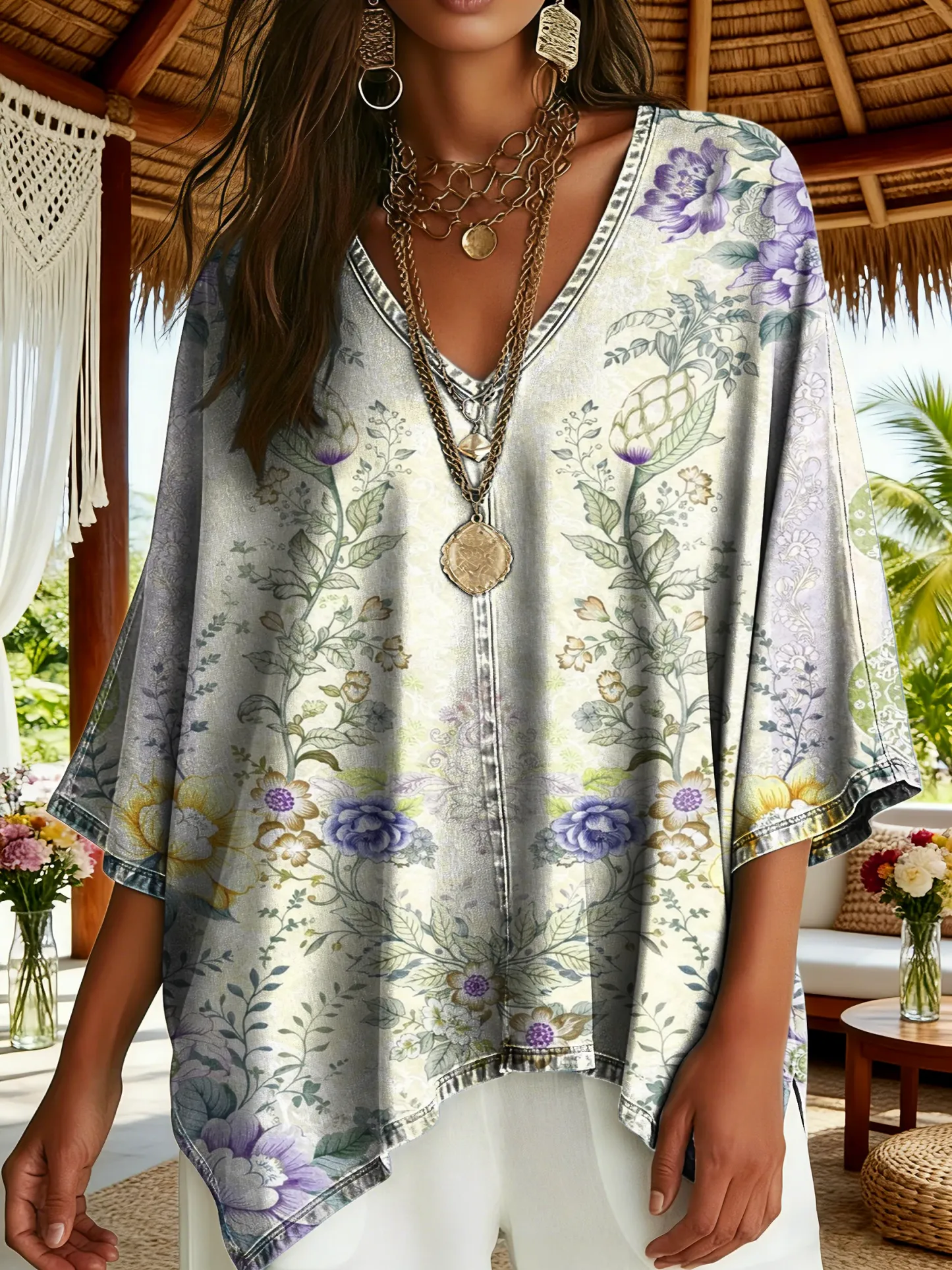 Women's Ethnic Floral Pattern Art Print Casual V-neck Batwing Sleeve Top