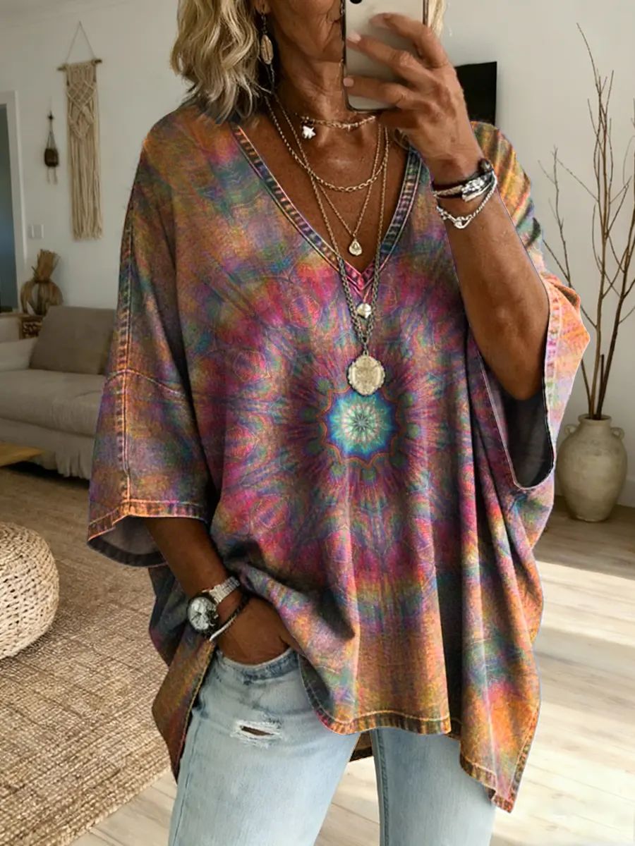 Retro Kaleidoscope Women's Art Print Casual Washed Cotton Denim Top