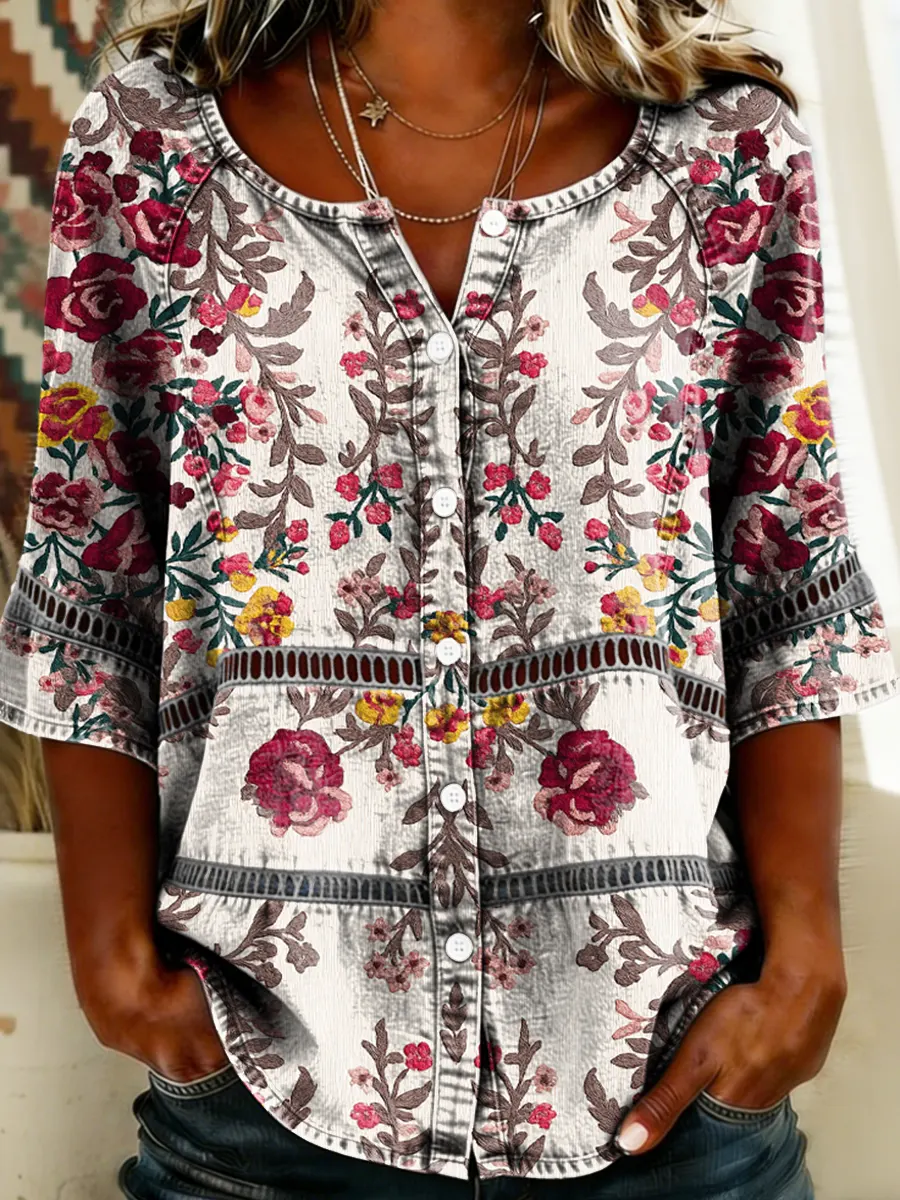 Women's Floral Print Round Neck 3/4 Sleeve Lace Cutout Shirt