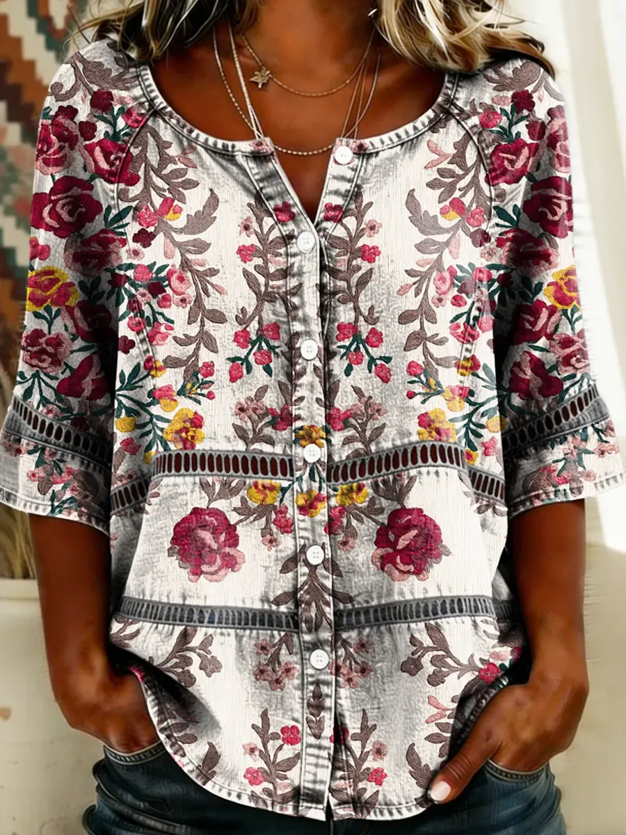 Women's Floral Print Round Neck 3/4 Sleeve Lace Cutout Shirt