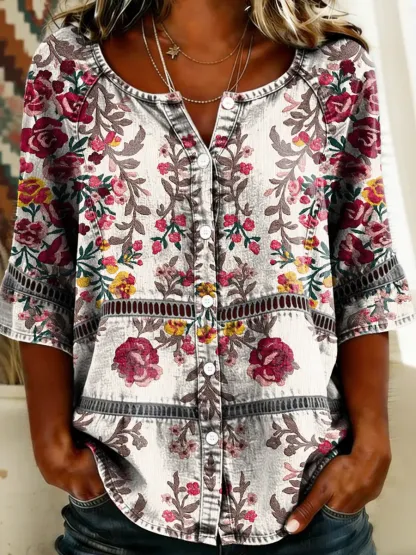 Women's Floral Print Round Neck 3/4 Sleeve Lace Cutout Shirt