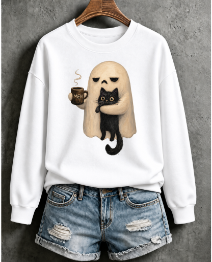 Halloween Ghost Holding Black Cat Coffee Lover Funny Crew Neck Sweatshirt