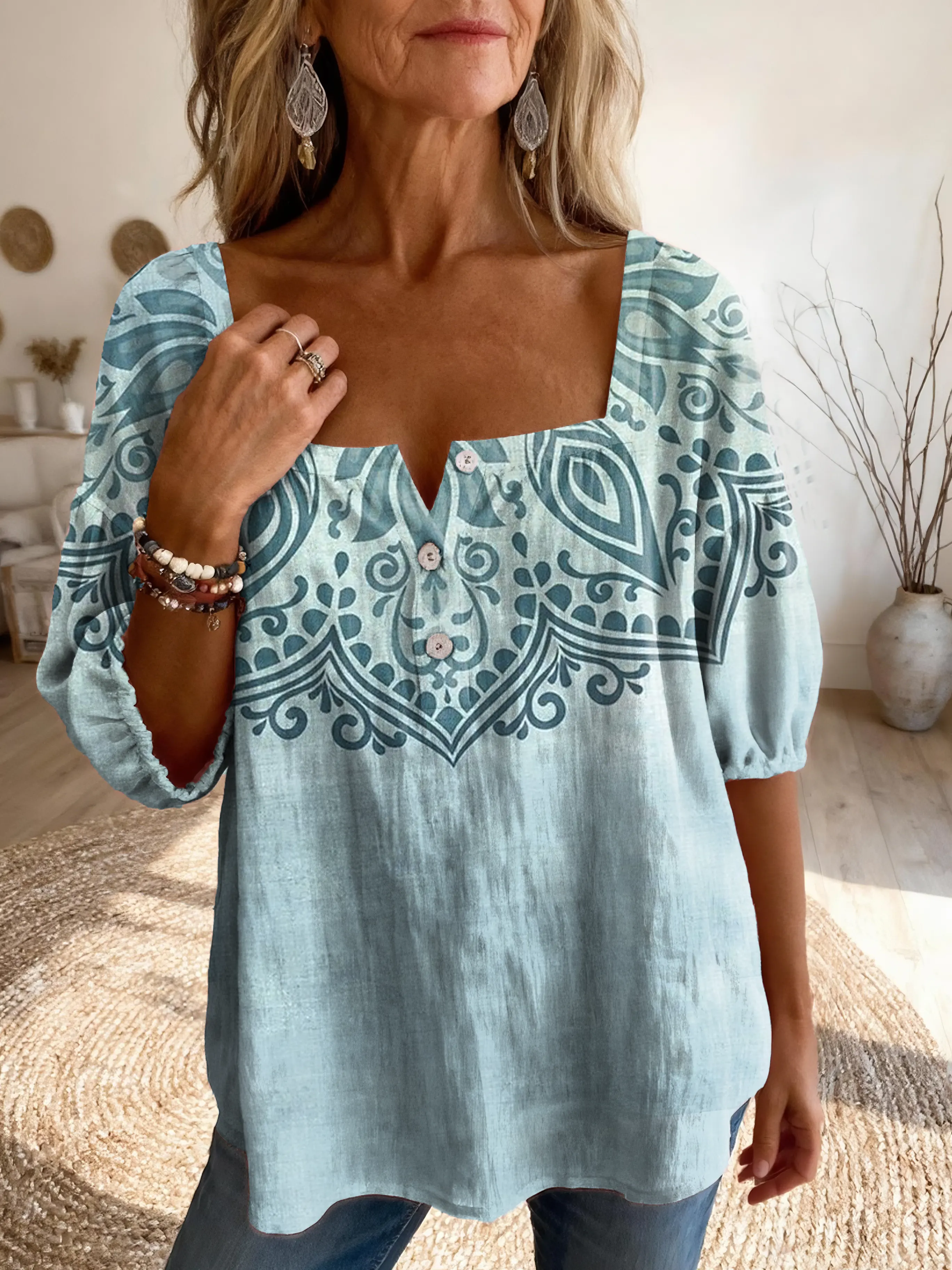 Ethnicity Geometry Totem Women's Vintage Art Print Casual Square-neck Top