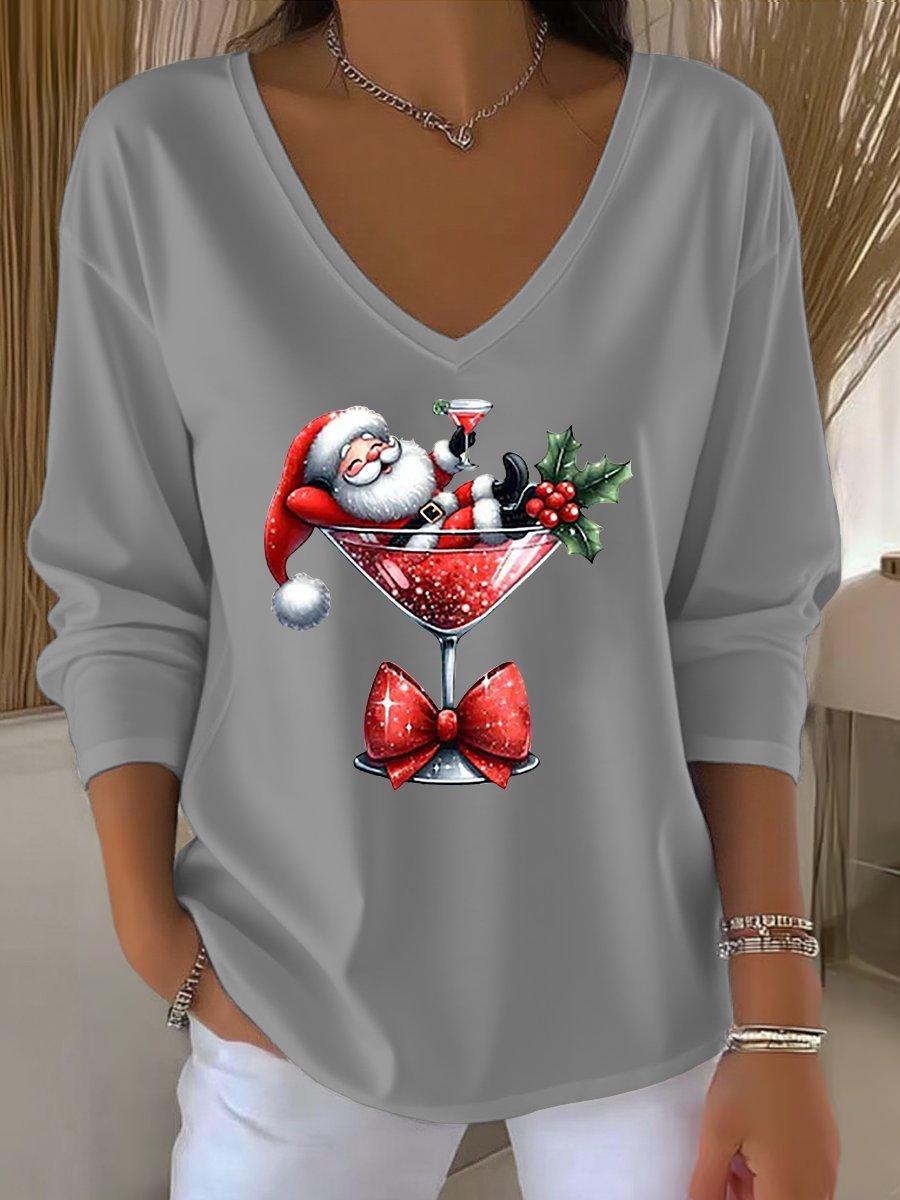 Women's Santa Claus Print Casual V-Neck Long Sleeve T-Shirt