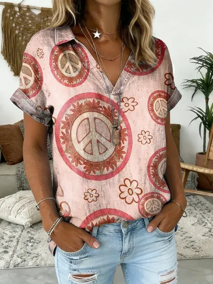 Women's Hippie Flower Print V-Neck Short-Sleeve Denim Shirt