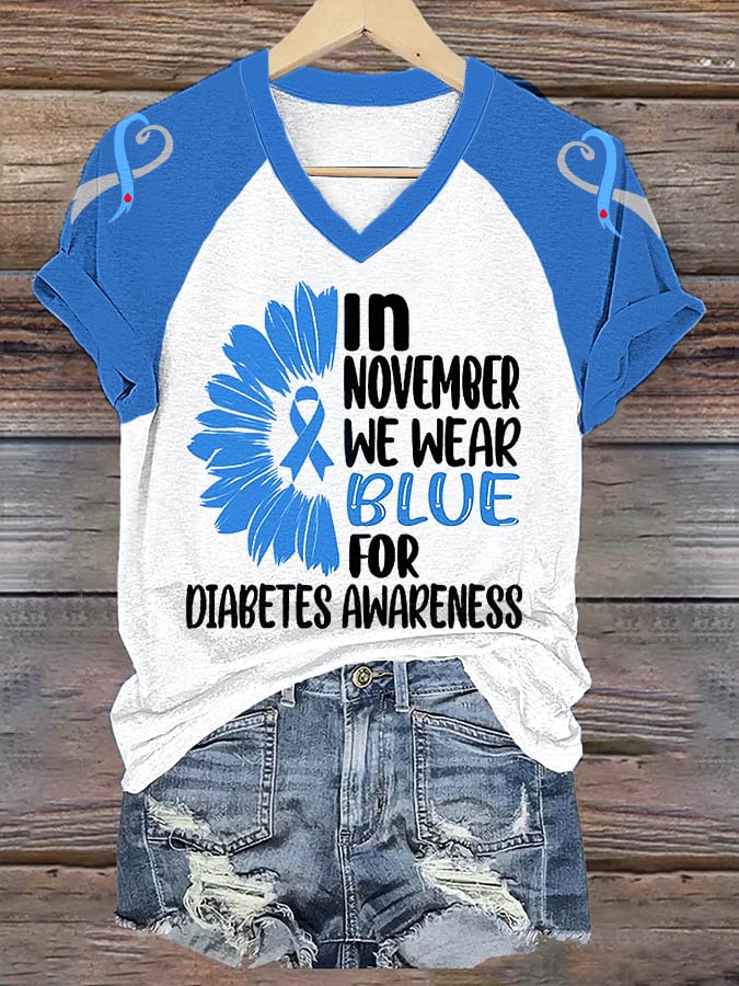 Women's In November We Wear Blue For Diabetes Awareness V-Neck Tee