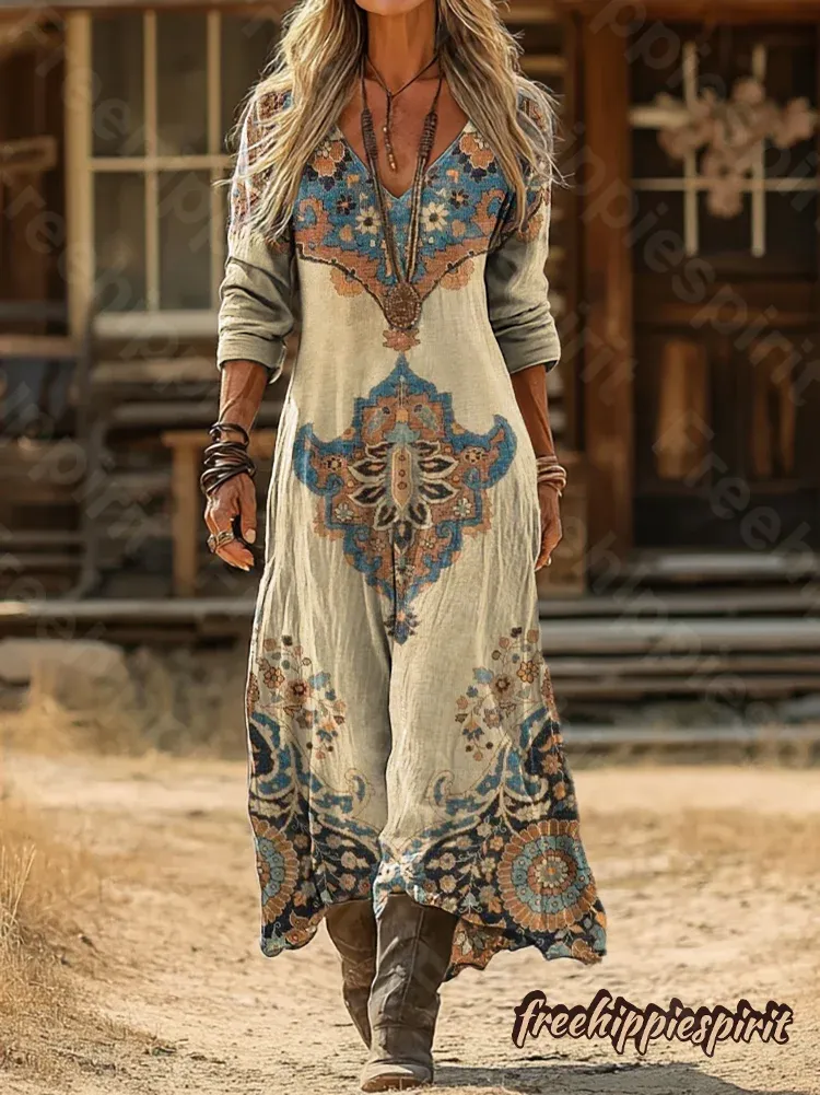 Vintage Ethnic Pattern Art Print Pocket Cotton Dress