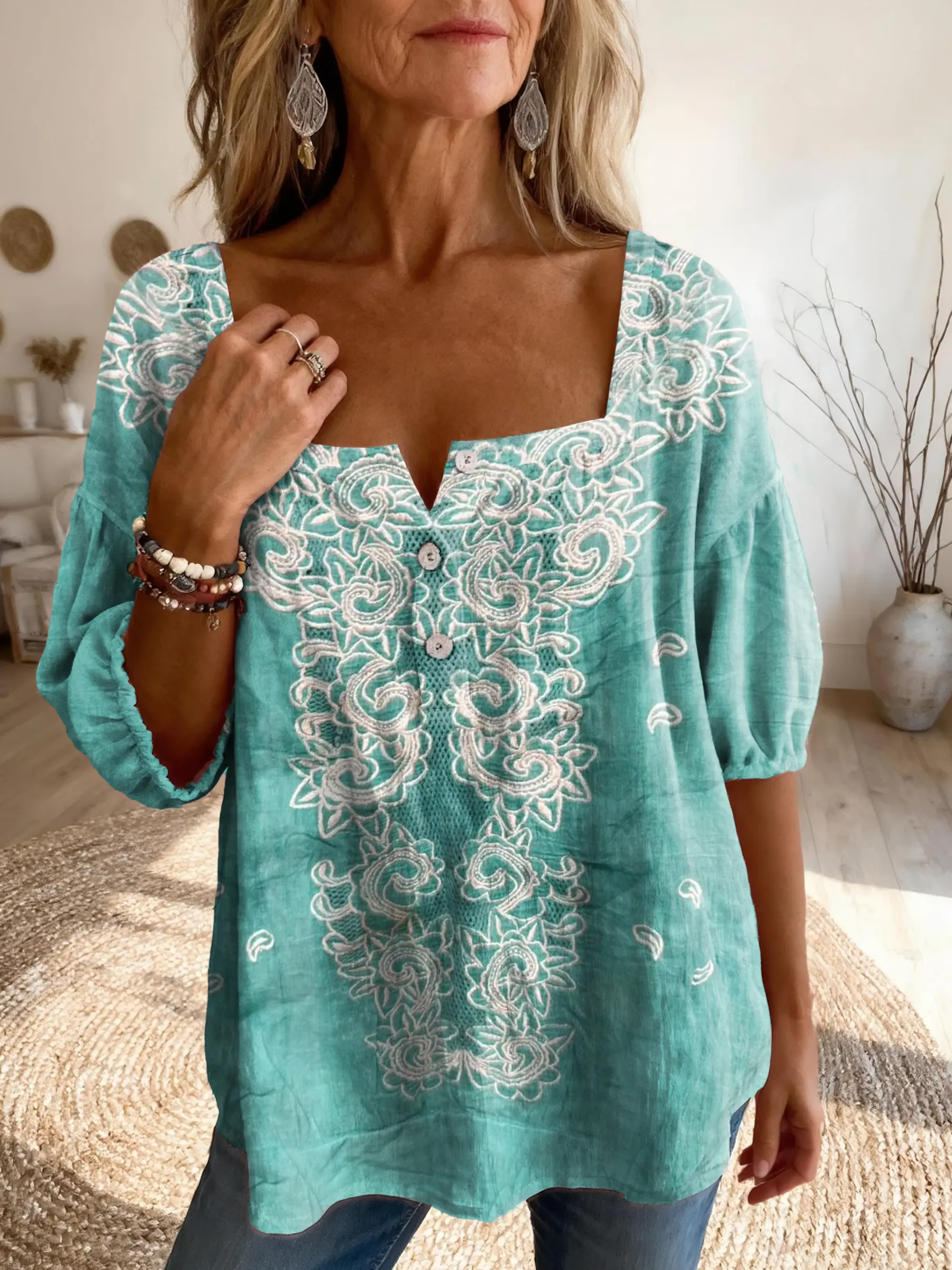 Women's Retro-Style Floral Art Print Casual Square-Neck Top