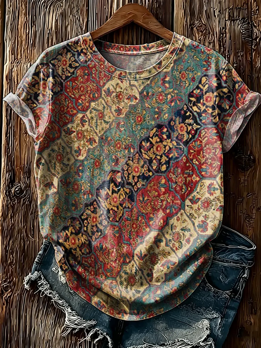 Women's Persian Rug Pattern Print Round Neck T-Shirt