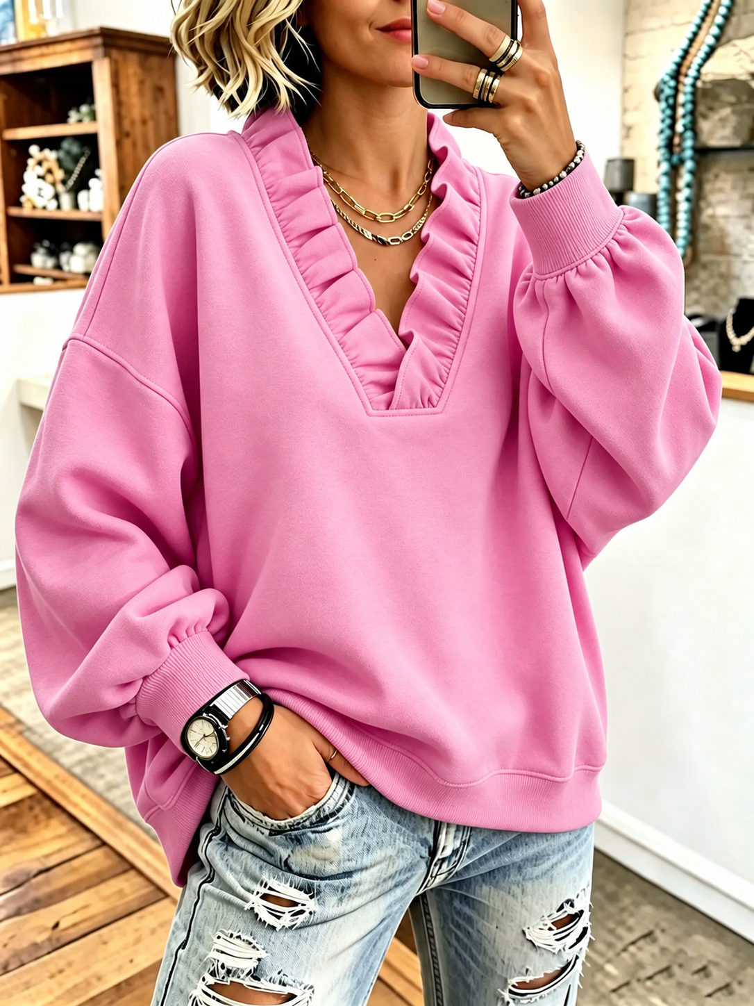 Women'S Cozy Oversized Vibrant Pink Ruffled Sweatshirt
