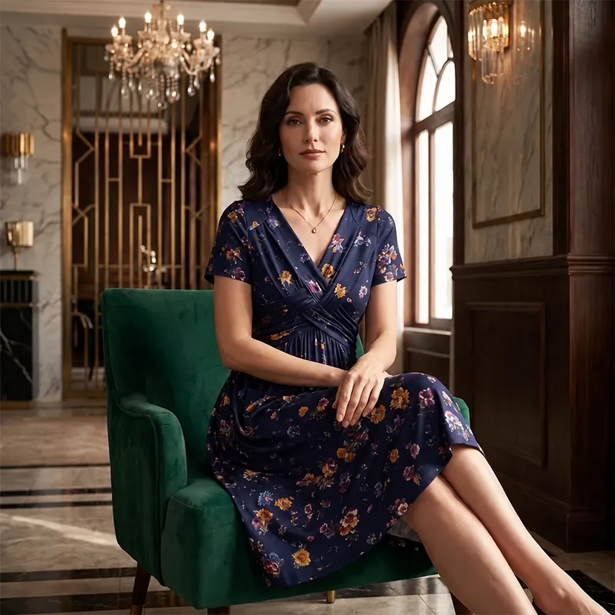 Women's V-Neck Floral Print Dress with Twist Waist