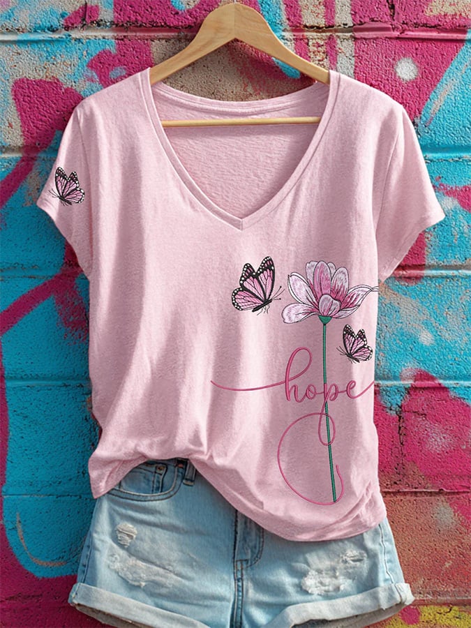 Women's Breast Cancer Awareness Graphic Print V-Neck Short Sleeve Comfortable T-Shirt