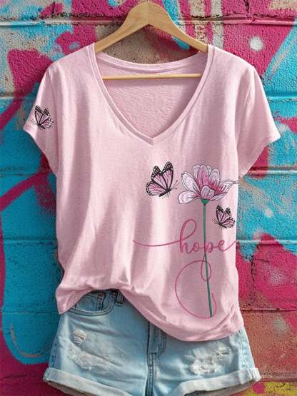 Women's Breast Cancer Awareness Graphic Print V-Neck Short Sleeve Comfortable T-Shirt