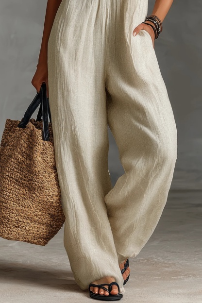 Women’s Linen Blend Sleeveless V-Neck Wide Leg Jumpsuit – Casual Summer Boho Romper with Pockets