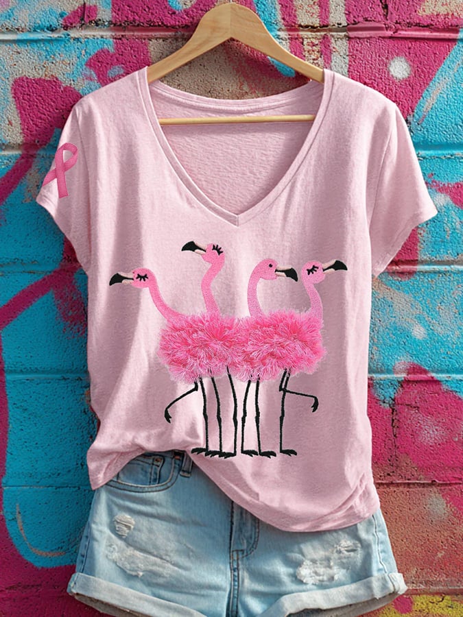Women's Pink Flamingo Breast Cancer Awareness Graphic Print V-Neck Short Sleeve Comfortable T-Shirt