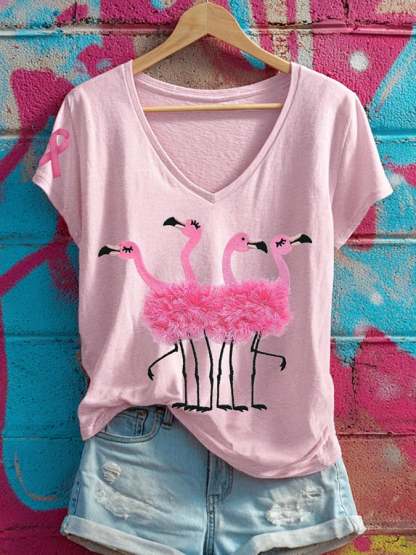 Women's Pink Flamingo Breast Cancer Awareness Graphic Print V-Neck Short Sleeve Comfortable T-Shirt