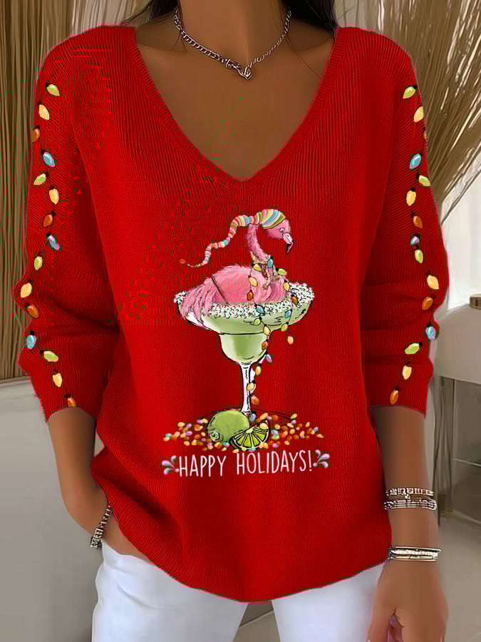 Women's Christmas Flamingo Print V Neck Sweater